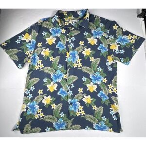 Joe Fresh Shirt Tropical Floral Hibiscus Short Sleeve Button Down Size‎ L Navy